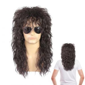 Perruque bouclés longue pour homme - Rock Roll pour homme des années 80, cheveux bouclés longs brun foncé | Perruque cosplay punk rock années 80 avec tête de mulet (queen'style, neuf)