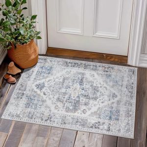 TOPICK Tapis Entree Interieur 60x90cm Tapis Oriental avec Motif Floral Petit Tapis Exterieur Lavable en Machine Tapis Vintage Bleu Gris Descente de Lit Chambre Adulte Antid&eacute;rapant (Audrey Home Fashion, neuf)