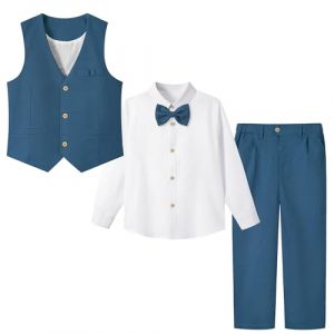 LOLANTA 4 Pièces Costume Garçon Mariage, Lin Gilet Pantalon Vetement Cérémonie Enfant, Tenue en Baptême, Fête d'anniversaire, Bleu, 11-12 Ans, 160 (LOLANTA, neuf)