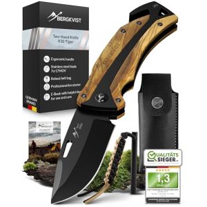 BERGKVIST® K30 Couteau pliant Tiger (couteau multifonction 3-en-1) - Couteau de survie pour la chasse, le camping ou la randonnée - manche en bois tigré - avec pierre à feu & étui (Mission Green, neuf)