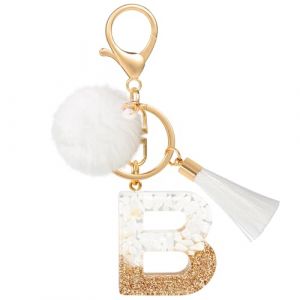 MWOOT Porte Clé Lettre B Peluche Tassel, Initial Résine Personnalisé Keychain Or Blanc, Porte Clef Lettre Pendentif Décoratif, Kawaii Porte Clef Voiture Charm, Idee Cadeau D'Anniversaire pour Femme (vetpw, neuf)