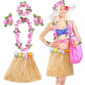 Aomig Jupe Hawaïenne, 40/60cm Set de Jupe Hawaïenne en Paille avec Collier de Fleurs, Costume Hawaïen, Jupe de Hula, Décoration de Fête d'été Plage, Accessoire de Fête Tropicale Luau (Yadark, neuf)