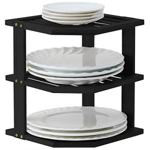 YOUDENOVA Organisateur de vaisselle en bambou 25 x 25 x 25 cm, insert d'armoire d'angle à 3 étages pour étagère de cuisine, égouttoir, support d'assiettes, noir (YOUDENOVA Direct EU, neuf)