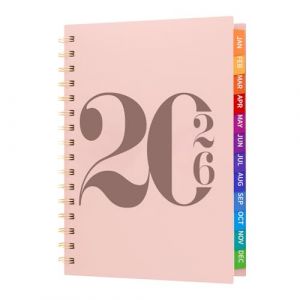 Agenda semainier 2026 format A5 de janvier &agrave; d&eacute;cembre 2026, planificateur hebdomadaire et mensuel avec r&egrave;gle, 4 autocollants, onglets mensuels, couverture rigide &agrave; spirales, pour enseignants (Dzhzal.inc, neuf)