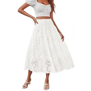 HAEOF Jupe longue d'&eacute;t&eacute; pour femme, style boh&egrave;me, &agrave; la mode, avec ceinture fronc&eacute;e, volants, &eacute;vas&eacute;e, d&eacute;contract&eacute;e, pour la plage, robe midi, Fleur blanche, X-Large (maishuaidamai, neuf)
