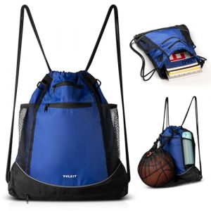 VULKIT Sac &agrave; dos avec cordon de serrage, sac de sport pour homme et femme avec grande poche avant en maille pour &eacute;quipement de basket-ball, de football, sac de natation, bleu (GearMall EU, neuf)