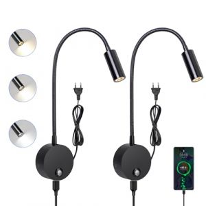 ERWEY 2pcs Applique murale LED, liseuse de chevet avec interrupteur, port de charge USB, 3W liseuse de lit pivotante &agrave; 360&deg; avec prise et c&acirc;ble pour chambre, 3000-6000K, Noir (Homkel, neuf)