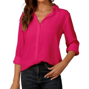 Chemisier Blanc Femme Chic Et élégant à Manches Longues pour Femme - Chiffon Chemisier avec Boutons - Col en V Haut Décontracté - pour Le Bureau Travail pour Femme Blouse (SpringSeaon, neuf)