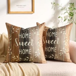 Housse de Coussin Marron 40x40 cm Imitation Lin Ray&eacute; Home Sweet Home Blanc Couronne Farmhouse Rustique Kaki Marron Housse de Coussin Lot de 2 avec Fermeture &Eacute;clair Invisible pour Canap&eacute; Balcon (KOOOLET EU, neuf)
