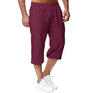 Sprifloral Pantalon court en lin pour homme 3/4 longueur - Pantalon d&rsquo;&eacute;t&eacute; - Pantalon de plage - Pantalon de yoga - Jogging - Pantalon d&eacute;contract&eacute;, Rouge, XL (YUY Ltd, neuf)