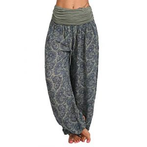Minetom Femme Harem Pantalon Yoga Sarouel Legers Hippie Baggy Léger Ethnique Calqué Smockée Taille Haute avec Poches Été Plage Pantalon Aladin Jogging Armée Vert L (B.W.S KIT, neuf)