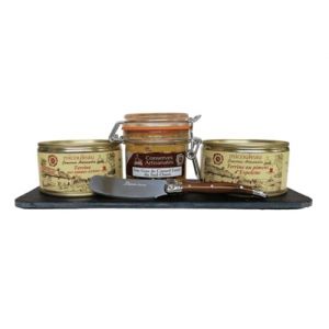 Maison Micouleau Kit Ap&eacute;ro - 4 Foie Gras, Tomates S&eacute;ch&eacute;es & Terrine au Piment d'Espelette [Includes Planche, Couteau &agrave; Tartiner] - Coffret cadeau - panier garni - p&acirc;t&eacute; - Artisanl - &agrave; offrir (MICOULEAU, neuf)