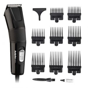 Babyliss 7755U Tondeuse à cheveux pour homme, lames tranchantes en acier inoxydable, 8 guides de peigne, alimentation secteur, coiffures à la maison, peigne inclus, lisse et précis, noir (EUROSELL LIMITED, neuf)