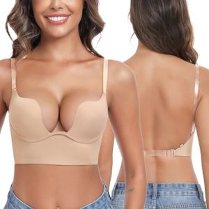 Lemorosy Soutien-Gorge Femmes V Profond Push-up Bretelles Multiposition Dos Nu à Armatures Rembourré (Beige,85C) (Lemorosy, neuf)