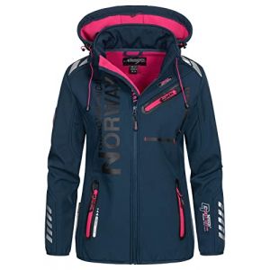 Geographical Norway REINE LADY - Veste Softshell Femme Impermeable - Jacket À Capuche Outdoor - Blouson Coupe Vent Resistant Hiver - Activites En Exterieur Randonnée (Marine/Rose M) Taille 2 (SAS Bluebell, neuf)