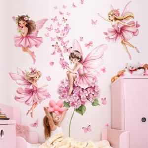 WandSticker4U®- [Extra large] Stickers muraux FÉE et PAPILLON en rose (132x129 cm) I Autocollant mural chambre fille fées clochette princesse elfes fleurs I Déco murale chambre bébé fille (WandSticker4U®, neuf)