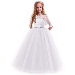 IWEMEK Enfants Fille Robe de Carnaval Princesse Longue en Dentelle avec Bowknot Demoiselle d'honneur Robe de Soir&eacute;e Mariage Robe de Premi&egrave;re Communion Anniversaire F&ecirc;te Photographie 3-4 Ans (IWEMEK, neuf)