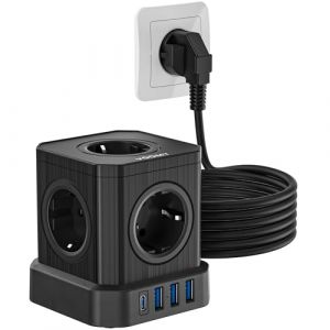 VOOMY Multiprise PowerCube 9-en-1, 5 Prises, 4 USB Ports (3 USB-A, 1 USB-C 20W Charge Rapide), Prise Multiple avec Interrupteur 4000W, Design Cube Compact, 5M Câble Idéal pour Bureau & Maison, Noir (Voomy FR, neuf)