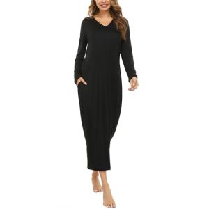 Sykooria Chemise de Nuit Femme Longue Chemise de Nuit Femme Hiver Robe de Nuit Femme Coton Chemise de Nuit Manche Longue avec Poche Peignoir de Bain Taille Grande A-Noir 3XL (CHONGREN-EU, neuf)