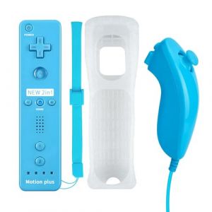 QUMOX 2 en 1 Manette pour Wii, Manette Nunchuck, Contrôleur Télécommande, Console Remplacement, Built in Motion Plus, avec Etui de Protection en Silicone pour Wii et Wii U Bleu (SHOWYAN LIMITED, neuf)