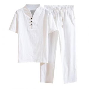 WAZHAKU Vêtement en coton Zen Méditation Tai Chi Uniforme pour homme Ensemble Tang Pantalon à manches courtes Vêtements traditionnels chinois Kung Fu Vêtements respirants Hauts, Blanc., L (wealt You, neuf)