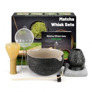 7 Pièces Matcha kit ceremonie japonais, Fouet matcha en Résine Jaune, bol matcha, Pelle en bambo, Porte-Fouet, kit matcha complet, Coffret matcha, Tamis, serviette à thé, Bol Noir (HUAN Shop, neuf)