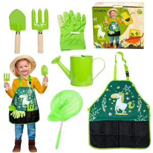 Stanew Ensemble d'outils de Jardinage pour Enfants kit Jardinage Enfant pour Gar&ccedil;ons et Filles,avec Filet de p&ecirc;che, Pelle, Rateau,Gant，Tablier et Bouilloire, Vert (BJstella, neuf)