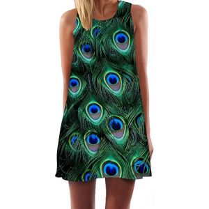 Ocean Plus Femmes Été Mini sans Manches Coloré Tops Robes Paon Robes De Plage Court A-Line Robe sans Manches Robe De Temps (L (EU 38-40), Paon) (Ocean Plus, neuf)