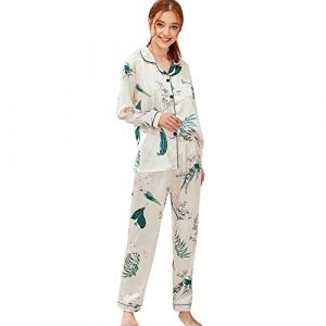 Pyjama long en satin pour femme - Ensemble pyjama long en satin - Deux pi&egrave;ces - Pantalon et haut doux - &Agrave; manches longues - V&ecirc;tement de nuit imprim&eacute; - Tenue de loisirs, Blanc., XL (Jia jia store, neuf)