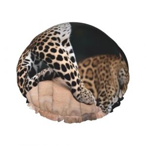 Bonnet de douche réutilisable pour femme - Double couche - Imperméable - Motif léopard africain sur rocher - Élastique - Protection des cheveux pour femme - Spa et salon (linhuashanghang, neuf)