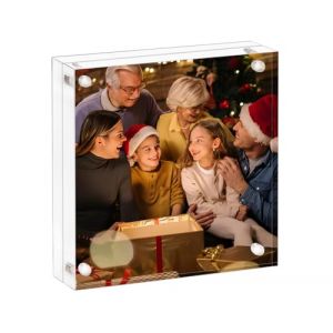 AMEITECH Cadre photo en acrylique 13 x 13 cm, cadre photo transparent double face sans cadre avec écran magnétique de bureau sur pied, cadre en lucite avec coffret cadeau - Lot de 1 (Amei Jia UK, neuf)