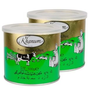 Khanum Graisse au beurre pure Ghee 2 x 500 g – Graisse au beurre de haute qualité pour rôtir, cuisiner et cuire | Parfait pour frire, point de fumée élevé, sans additifs avec autocollant Khôl (Masala Wala, neuf)