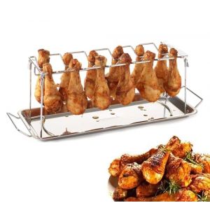 AONAT Support Poulet,Support Cuisse De Poulet,Support Poulet Barbecue,pilons avec bac récupération,Acier Inoxydable Robuste pour 12 Cuisses de Poulet (JunShenQS, neuf)