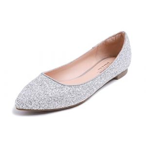 Feversole Women's Macaroon Shiny Memory Foam Cushion Patent Ballet Flat,M&eacute;moire color&eacute; Macaron Coussin en Mousse de Femmes Ballerine de Brillant Paillette Plat Glace Argent Taille 39 (Tiptoe London, neuf)