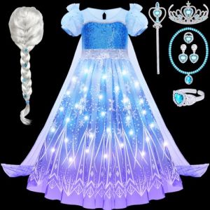 vamei Lumineux Déguisement Princesse Fille LED Robe Elsa Reine des Neiges Frozen Elsa Robe avec Elsa Perruque Baguette Couronne Princesse Fête Anniversaire Déguisement Filles 2 3 4 5 6 7 8 9 Ans (vamei, neuf)