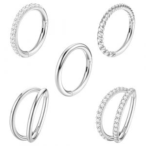 Diamday 5 Pièces de Piercings de Nez en Acier Chirurgical 18G 16G pour Femmes Anneaux en Forme de Boucle avec Zircons Anneaux de Septum Articulés avec Fermoir à Cliquet Bijoux de Piercing 8mm 10mm (Diamday, neuf)