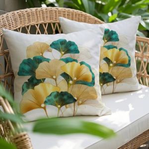 Housse de Coussin Blanc 45x45 Housse Coussin Exterieur Impermeable Lot de 2 Jaune Moutarde Turquoise Ginkgo Imprimé Taie d'oreiller Décoratif pour Chambre, Canapé, Chaise, Lit,Jardin (Miuyunya, neuf)