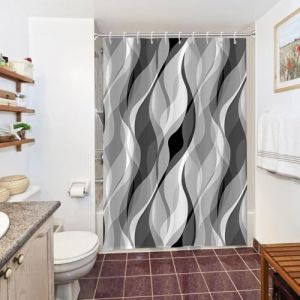 Uiiooazy Rideau Douche Anti Moisissure, Rideau de Douche Gris Clair Abstrait Rayure Noir Ray&eacute; Rideaux de Baignoire Tissu Imperm&eacute;able Polyester Lavable Rideaux Salle de Bain avec 10 Crochets 150x200cm (dongguibinjingpinxiaodianpu, neuf)