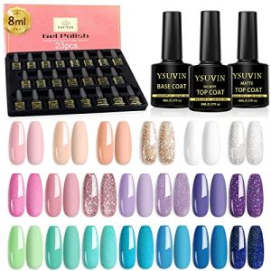 YSUVIN Vernis Semi Permanent Kit, 23PCS Printemps été Bleu Rose Violet Paillettes Pastel Vernis Gel Soak Off UV Lot Vernis à Ongles 20Couleurs avec Base et No Wipe Top Coat, Matte Top Coat, 8ML (AnYue Store, neuf)