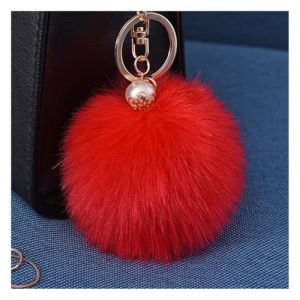 Wisafory Porte-clés pompon avec perle dorée en fausse fourrure moelleuse Porte-clés de sac à main valise sacs à dos accessoires porte-clés porte-clés téléphone portable charme pour femme grand rouge (Qunrong, neuf)