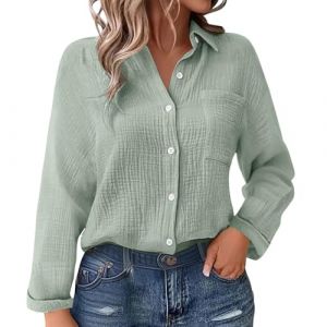 Chemise boutonn&eacute;e en Gaze de Coton pour Femme &ndash; Chemisier textur&eacute; froiss&eacute; &agrave; Manches Longues avec Poche, Haut l&eacute;ger et d&eacute;contract&eacute; pour l'&eacute;t&eacute; et la Superposition (Anglekie, neuf)