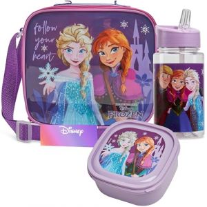 Get Trend Disney Frozen Set Repas Enfant 3 Pièces Sac Isotherme avec Sangle Boîte à Goûter Gourde avec Paille 400ml Sans BPA École Pique nique (Frozen) (Get Trend., neuf)