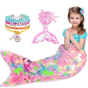 SACBRZZ Couverture Queue De Sirène,Brille dans Le Noir Queue De Sirene Enfant Fille,Flanelle Douce Couverture Enfant,Porter des Bracelets Et des Barrettes,Portable en Peluche pour Filles 140x60cm (CALISTA E-SHOP S.R.L., neuf)
