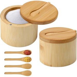 ZMDMAH Lot de 2 bo&icirc;tes &agrave; sel en bambou de 6 oz avec couvercle pivotant magn&eacute;tique et cuill&egrave;re - Bo&icirc;te de rangement ronde pour le stockage du sel, des &eacute;pices, du poivre, des herbes (nuobokun, neuf)