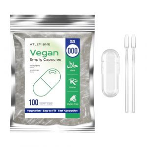 ATLEMISME Gélules Vides Végétales Taille 000 - Lot de 100 avec 2 Cuillères - Sans Gélatine - Gélules Faciles à Remplir et à Dissoudre Rapidement - Idéales pour Compléments Alimentaires et Poudres (ATLEMISME, neuf)