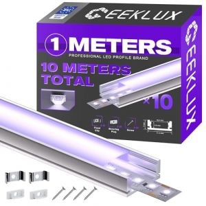 GEEKLUX Profil&eacute; LED Aluminium 10 pi&egrave;ces &times; 1 m&egrave;tre Encadrable Diffuseur Transparent Profil&eacute; en U Encastrable Placo Rail Baguette Aluminium pour Ruban Cache &Eacute;tanche Plafond Profil&eacute; LED (Weijian Lighting, neuf)