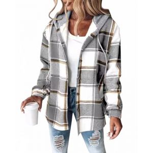 Minetom Veste a Carreaux Femme Chaud Doublure Polaire Sweat &agrave; Capuche Manches Longues Hoodie avec Boutons Automne Hiver Manteau A Gris S (Mon Bon Coup FR, neuf)
