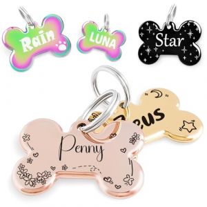 Design artistique de couronne de fleurs Porte-adresse Médaille Chien Cadeaux Souvenirs - Gravure profonde en acier inoxydable personnalisée Etiquettes plaque d'identification (Bone Design) (MEOW the WOOF, neuf)