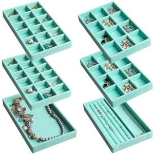 Frebeauty Lot de 6 plateaux de rangement de bijoux empilables en velours, inserts de tiroirs pour femmes, pr&eacute;sentoir de bijoux pour bagues, colliers et clous d'oreilles (turquoise) (Fast Media Ships From USA, neuf)