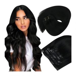 Extensions de cheveux à clipser 7 pièces Extensions de cheveux à clipser Noir de jais Extensions de cheveux humains à clipser Noir for femme Extensions de cheveux humains à clipser Cheveux doux #1 Noi (furuiouzhouya, neuf)